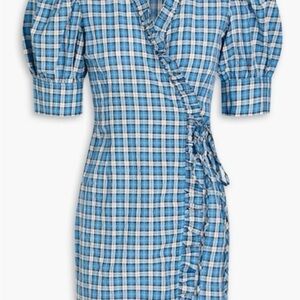 Ganni Blue Plaid Wrap Midi Dress